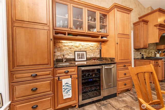1483 Fox Hollow Rd, Sequim, WA 98382 - indoor bar with wine cooler, backsplash, and stone finish flooring