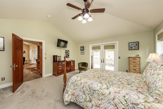 1483 Fox Hollow Rd, Sequim, WA 98382 - bedroom with french doors, lofted ceiling, access to exterior, carpet, and ceiling fan
