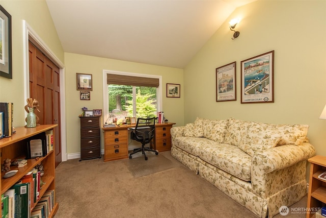 1483 Fox Hollow Rd, Sequim, WA 98382 - office area with lofted ceiling and carpet floors