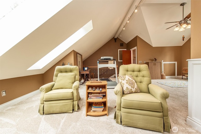 1483 Fox Hollow Rd, Sequim, WA 98382 - living area with a skylight, rail lighting, carpet flooring, and a ceiling fan