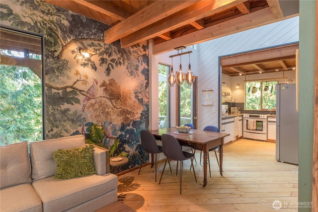 251 Saddle Dr, Port Townsend, WA 98368 - dining room featuring a wood ceiling with exposed beams and light wood-style floors