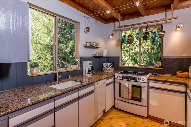 251 Saddle Dr, Port Townsend, WA 98368 - kitchen featuring stainless steel electric range oven, a wooden ceiling with exposed beams, dishwasher, white cabinets, and light wood-style floors