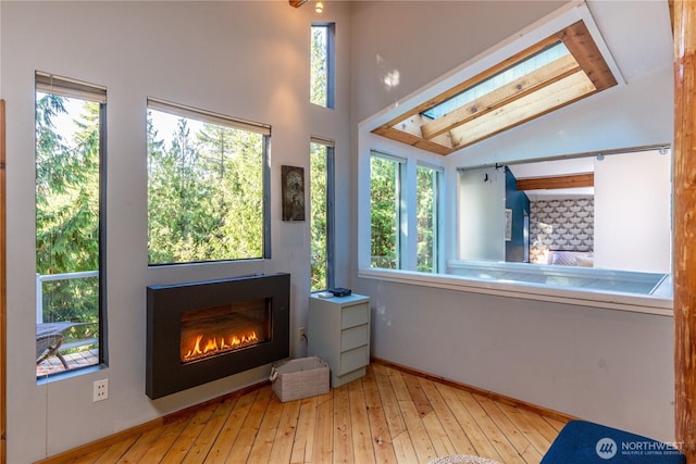 251 Saddle Dr, Port Townsend, WA 98368 - living room with healthy amount of natural light, a glass covered fireplace, hardwood / wood-style flooring, a skylight, and vaulted ceiling