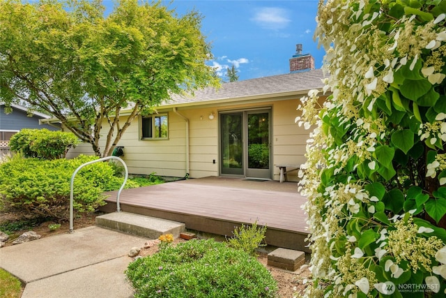 1021 Garden Dr, Lynden, WA 98264 - entrance to property featuring a wooden deck, a chimney, and roof with shingles