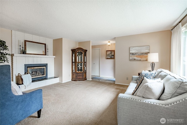 1021 Garden Dr, Lynden, WA 98264 - carpeted living room with a tiled fireplace and a textured ceiling