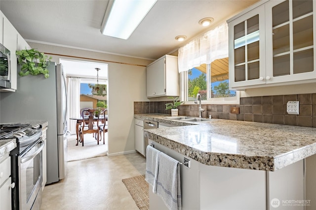 1021 Garden Dr, Lynden, WA 98264 - kitchen featuring stainless steel appliances, plenty of natural light, tasteful backsplash, glass insert cabinets, and ornamental molding