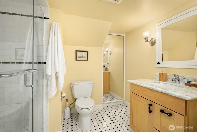 2318 33rd Ave S, Seattle, WA 98144 - full bathroom with vanity, a shower stall, and vaulted ceiling