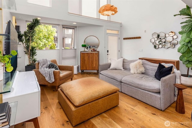 866 NE 96th St, Seattle, WA 98115 - living room with light wood-style flooring and a high ceiling