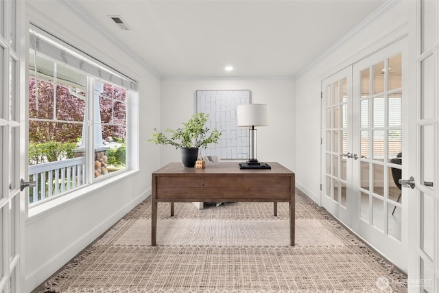 14219 284th Pl NE, Duvall, WA 98019 - office area featuring french doors, ornamental molding, light carpet, and recessed lighting