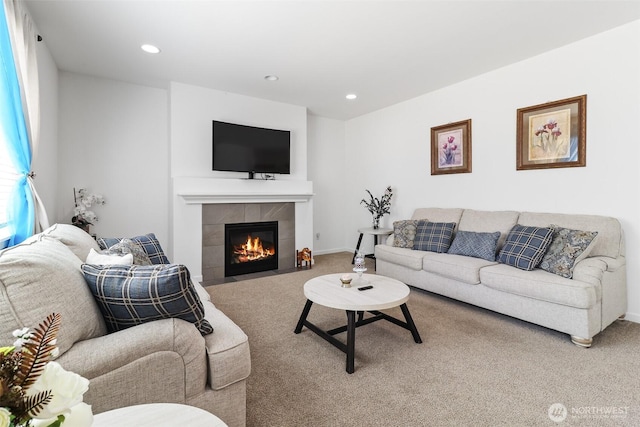 202 191st Street Ct E, Spanaway, WA 98387 - carpeted living room featuring a tile fireplace and recessed lighting