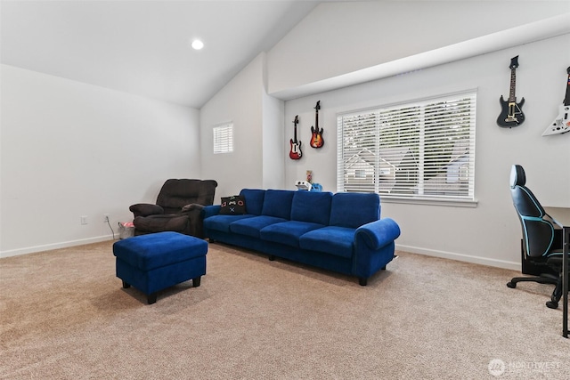 202 191st Street Ct E, Spanaway, WA 98387 - carpeted living room with high vaulted ceiling, an office area, and recessed lighting