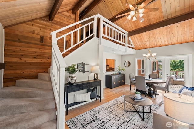 12170 Viewcrest Pl NE, Bainbridge Island, WA 98110 - living area featuring stairway, wooden ceiling, a chandelier, light wood-style floors, and a ceiling fan