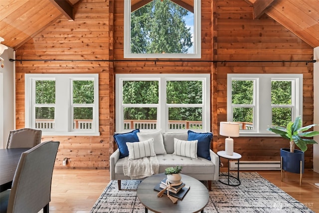 12170 Viewcrest Pl NE, Bainbridge Island, WA 98110 - living room featuring baseboard heating, wooden walls, plenty of natural light, hardwood / wood-style floors, and high vaulted ceiling