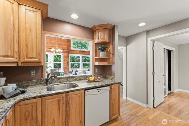 12170 Viewcrest Pl NE, Bainbridge Island, WA 98110 - kitchen featuring dishwasher, light wood finished floors, light stone counters, a chandelier, and open shelves