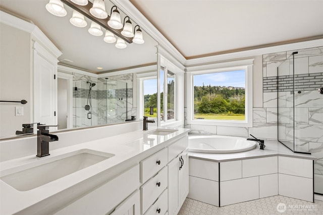 14808 172nd St E, Orting, WA 98360 - bathroom with a marble finish shower, a garden tub, double vanity, crown molding, and tile patterned flooring