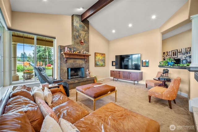 19609 NE 35th Ct, Ridgefield, WA 98642 - carpeted living area with beamed ceiling, a fireplace, recessed lighting, and high vaulted ceiling