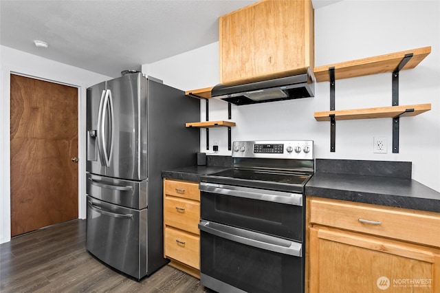 307 Brown St SE, Orting, WA 98360 - kitchen with open shelves, appliances with stainless steel finishes, wall chimney range hood, dark wood finished floors, and dark countertops
