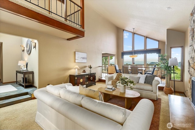 10300 64th Pl W, Mukilteo, WA 98275 - carpeted living room featuring high vaulted ceiling and baseboards