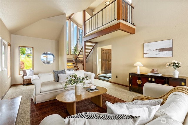 10300 64th Pl W, Mukilteo, WA 98275 - living area featuring stairs, carpet floors, and high vaulted ceiling
