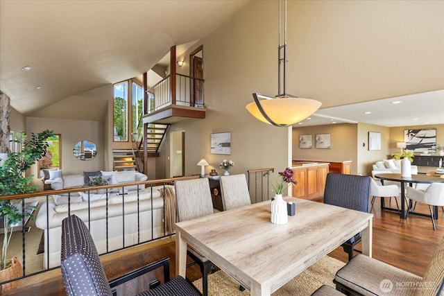 10300 64th Pl W, Mukilteo, WA 98275 - dining room with high vaulted ceiling, wood finished floors, stairs, and recessed lighting