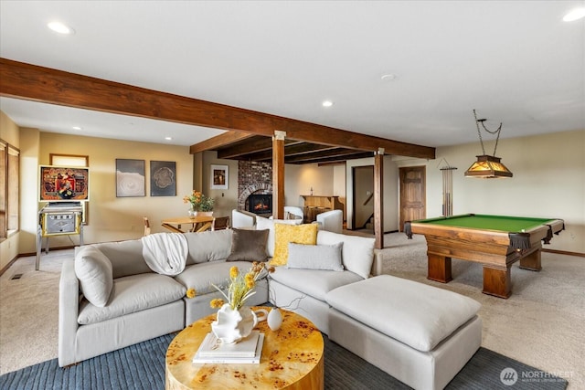 10300 64th Pl W, Mukilteo, WA 98275 - rec room featuring carpet floors, beamed ceiling, pool table, recessed lighting, and a large fireplace