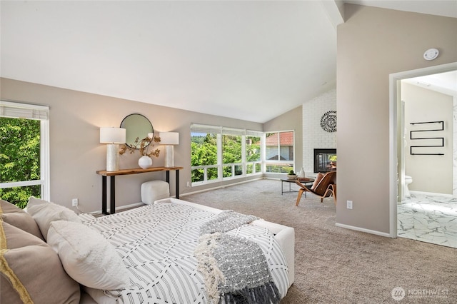 3089 W Lake Sammamish Pkwy NE, Redmond, WA 98052 - carpeted bedroom featuring lofted ceiling, multiple windows, a fireplace, and ensuite bathroom