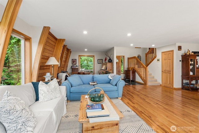 1508 Bloomhardt Rd, Raymond, WA 98577 - living area featuring stairs, light wood-type flooring, and recessed lighting