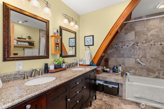 1508 Bloomhardt Rd, Raymond, WA 98577 - full bathroom featuring double vanity and shower / bathtub combination with curtain