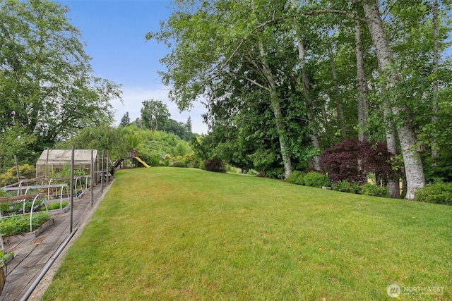 1508 Bloomhardt Rd, Raymond, WA 98577 - view of green lawn with a playground, a garden, and a greenhouse