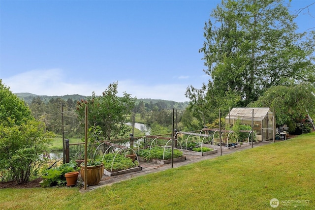 1508 Bloomhardt Rd, Raymond, WA 98577 - view of grassy yard featuring a garden, an exterior structure, a water and mountain view, an outdoor structure, and a forest view