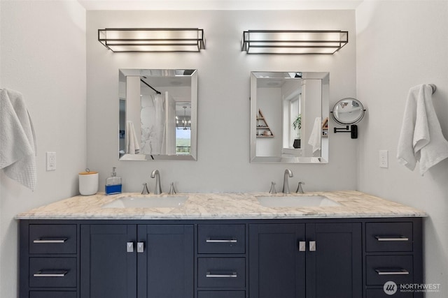 755 Elm St, Raymond, WA 98577 - full bathroom featuring double vanity and a shower with shower curtain