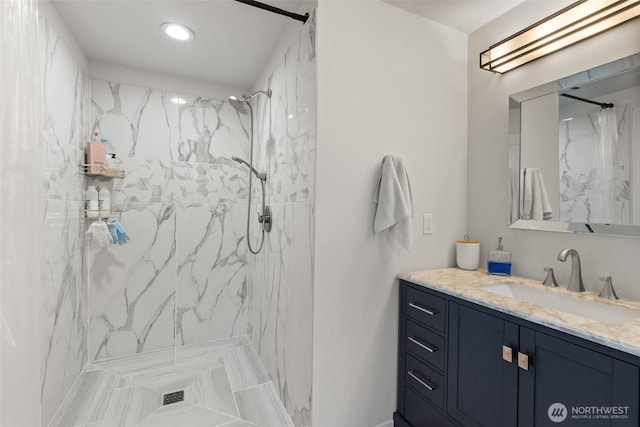 755 Elm St, Raymond, WA 98577 - bathroom with vanity, a marble finish shower, and recessed lighting