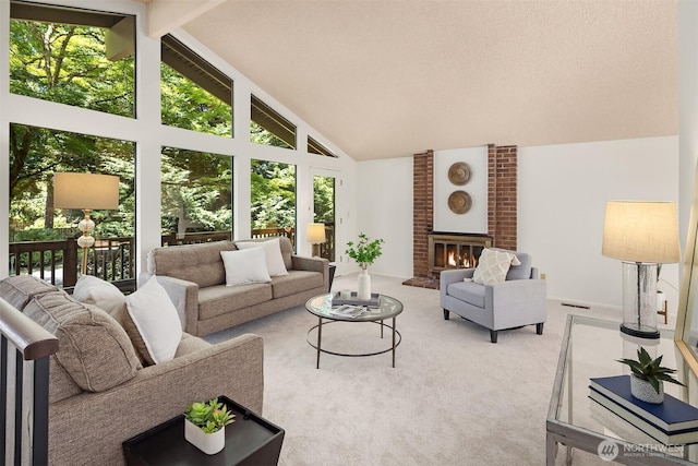 13919 SE 3rd Pl, Bellevue, WA 98005 - carpeted living room with high vaulted ceiling, a brick fireplace, and beamed ceiling