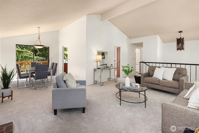 13919 SE 3rd Pl, Bellevue, WA 98005 - carpeted living room featuring high vaulted ceiling and beamed ceiling