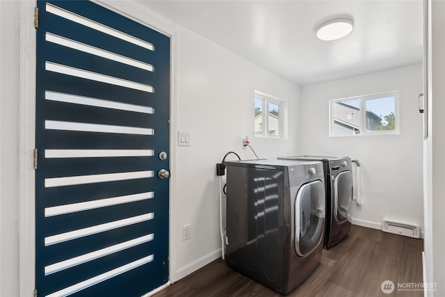 2117 S Ash St, Tacoma, WA 98405 - laundry room with washing machine and dryer, dark wood finished floors, and a baseboard heating unit