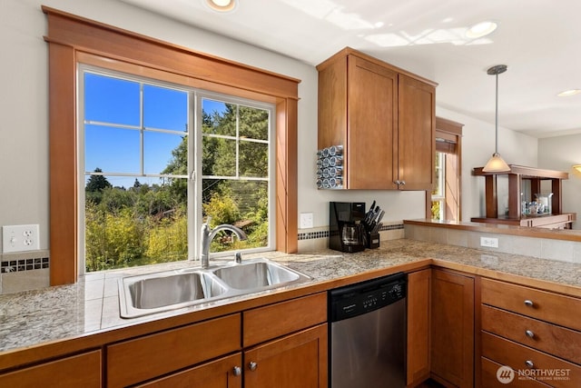 4415 40th Ave SW, Seattle, WA 98116 - kitchen with dishwasher, healthy amount of natural light, brown cabinets, decorative light fixtures, and recessed lighting