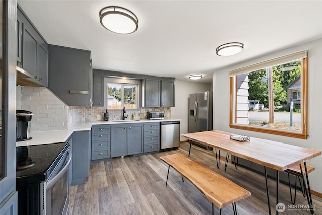420 3rd St, Ronald, WA 98940 - kitchen featuring appliances with stainless steel finishes, light wood finished floors, plenty of natural light, and decorative backsplash