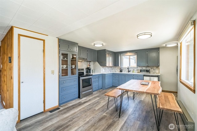 420 3rd St, Ronald, WA 98940 - kitchen with stainless steel appliances, tasteful backsplash, light wood-style floors, light countertops, and under cabinet range hood
