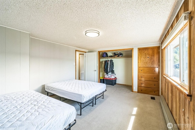 420 3rd St, Ronald, WA 98940 - bedroom with baseboard heating, a closet, light carpet, and a textured ceiling