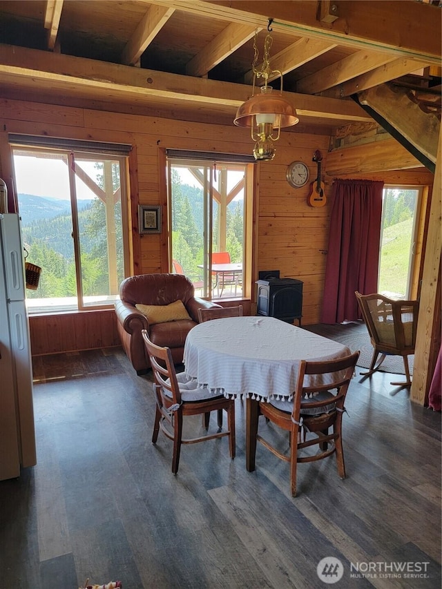 466 Sqove Rd, Wauconda, WA 98859 - dining space with wooden walls, dark wood-style floors, and a wood stove