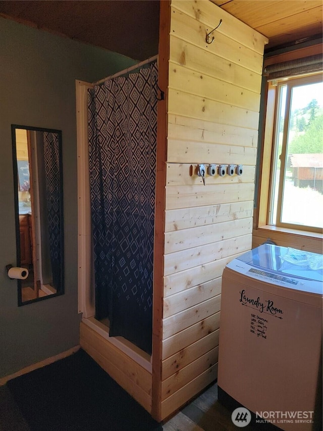 466 Sqove Rd, Wauconda, WA 98859 - bathroom with wooden walls, a shower with shower curtain, and wooden ceiling
