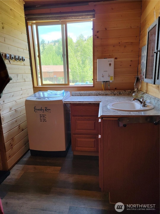 466 Sqove Rd, Wauconda, WA 98859 - bathroom featuring wood walls, wood finished floors, and vanity
