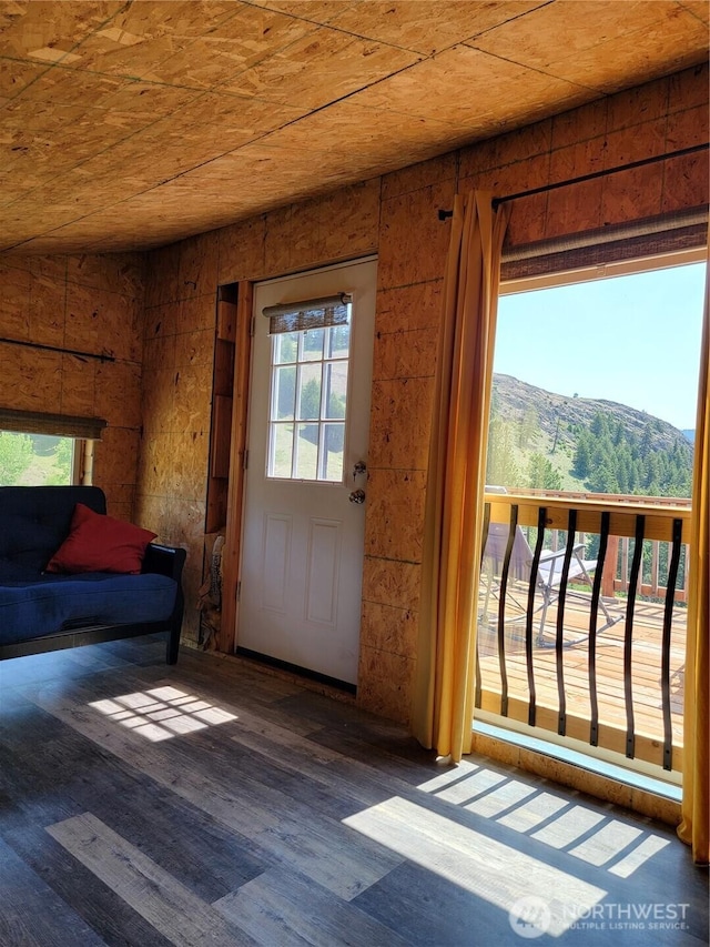 466 Sqove Rd, Wauconda, WA 98859 - doorway to outside featuring a mountain view, plenty of natural light, wood finished floors, and wooden ceiling