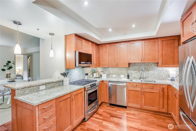 10650 NE 9th Pl Unit 3208, Bellevue, WA 98004 - kitchen featuring stainless steel appliances, backsplash, light wood-style flooring, light stone countertops, and a peninsula