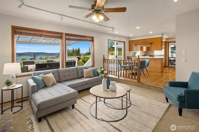 1021 N Sunset Dr, Camano Island, WA 98282 - living room with rail lighting, recessed lighting, and a ceiling fan