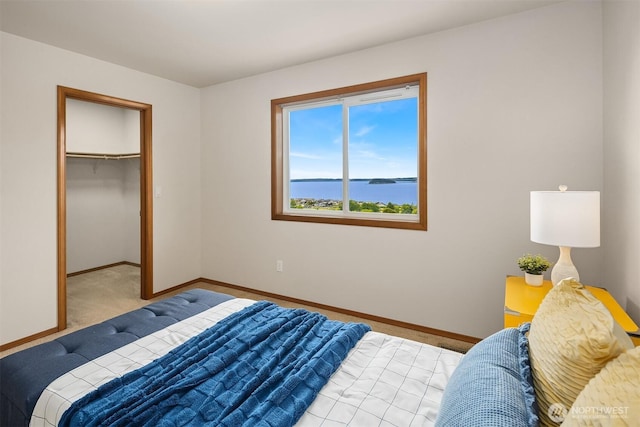 1021 N Sunset Dr, Camano Island, WA 98282 - bedroom featuring carpet flooring, a walk in closet, a water view, and a closet