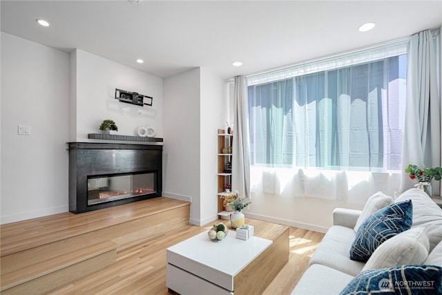 2620 NW 62nd St Unit B, Seattle, WA 98107 - living room featuring a glass covered fireplace, light wood-style floors, and recessed lighting