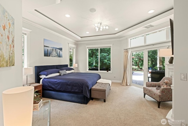 3303 Gravelly Beach Loop NW, Olympia, WA 98502 - carpeted bedroom featuring access to outside, multiple windows, ornamental molding, a tray ceiling, and recessed lighting