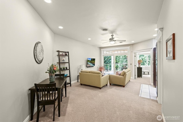 3303 Gravelly Beach Loop NW, Olympia, WA 98502 - living area featuring light colored carpet, ceiling fan, and recessed lighting