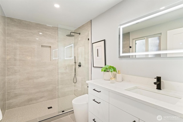 12804 NE 139th Ct, Kirkland, WA 98034 - bathroom featuring vanity, a walk in shower, and tile patterned flooring